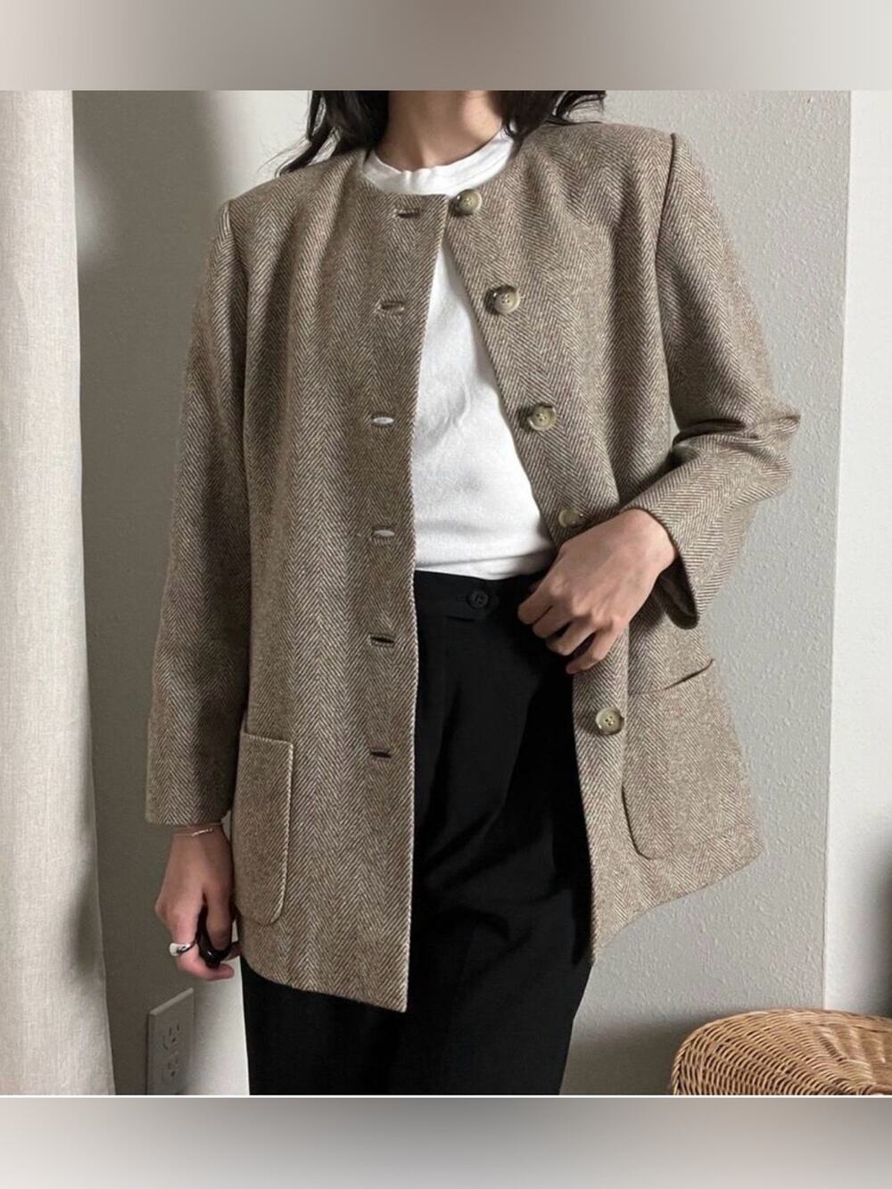 VTG taupe sand brown wool button preppy lady blazer jacket coat Herringbone m